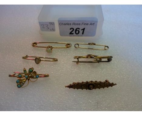 A turquoise and seed pearl set butterfly bar brooch, together with a single stone opal bar brooch and four further gold and g