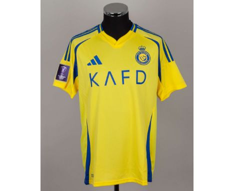 Ronaldo yellow and blue No.7 Al Nassr match issued short-sleeved shirt, 2024, Adidas, L, with v-neck collar and printed badge