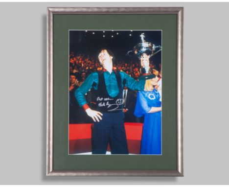 A trio of signed framed photographs of snooker champions, all mounted, framed and glazed, the largest a b&w photo montage of 