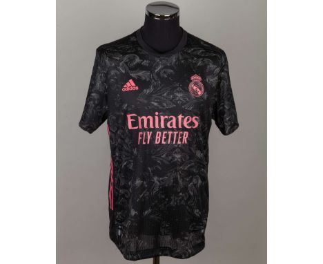 Benzema black and pink No.9 Real Madrid match issued short-sleeved shirt, 2020-21, Adidas, 8, with crew-neck collar and print
