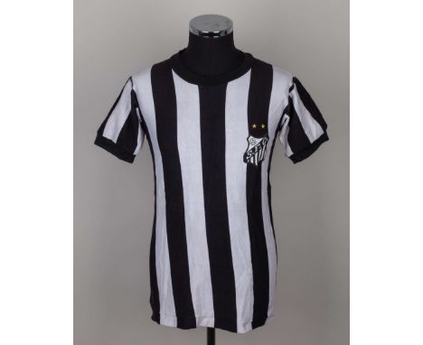 Pele black and white No.10 Santos match worn short-sleeved shirt, 1974, Athleta, with crew-neck collar and embroidered cloth 