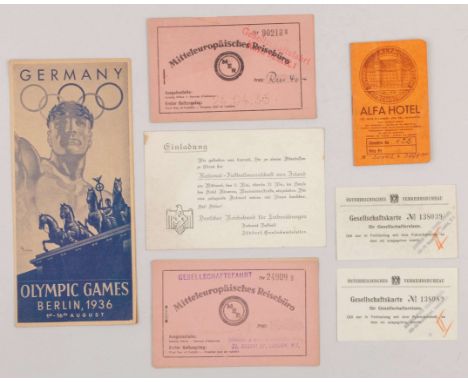 Harry Duggan 1936 Olympic brochure, listing daily events, ticket prices etc, transport ticket booklet, and Austrian travel pa