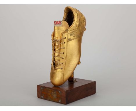 Pelé 14th July 1976 1,250th goal tribute trophy, a gold tone football boot presented to Pelé by the Pony Sporting Goods Compa