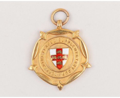 Harry Duggan 9ct gold and enamel Yorkshire League Supplementary Cup medal, 1930-31, the obverse inscribed YORKSHIRE LEAUE SUP