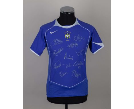 Blue Brazil autographed short-sleeved shirt, the front bearing ten autographs including Ronaldo, Kaka, Rivaldo, Carlos, Ronal