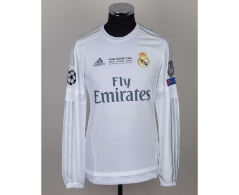 Gareth Bale white No.11 Real Madrid v. Atletico Madrid Champions League final match prepared long-sleeved shirt, 2016, Adidas