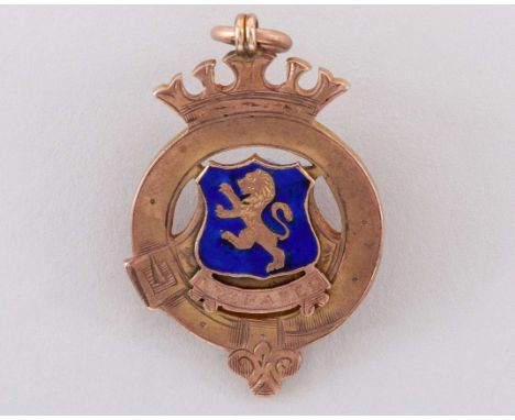 9ct gold and enamel Birmingham & District medal, 1907-08, the obverse inscribed PREPARED, the reverse inscribed B & D F.L., C
