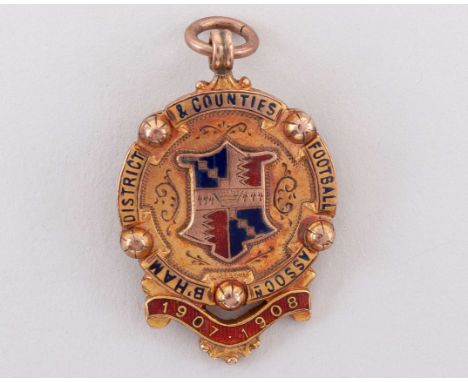 9ct gold and enamel Birmingham & District medal, 1907-08, the obverse inscribed B.Ham DISTRICT & COUNTIES FOOTBALL ASSOCN, 19