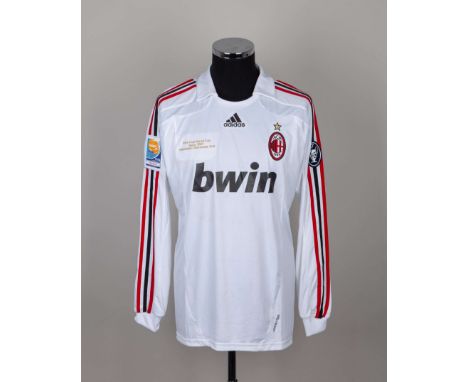 Filippo Inzaghi white No.9 AC Milan long-sleeved shirt, 2007, Adidas, L, with crew-neck collar and embroidered cloth badge in