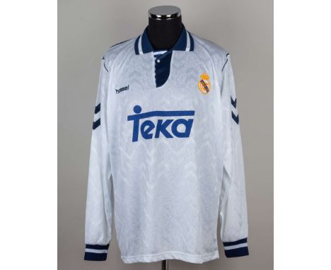 Chendo white and blue No.2 Real Madrid long-sleeved shirt, 1992, Hummel, XXL, with button-up collar and sponge badge&nbsp;
