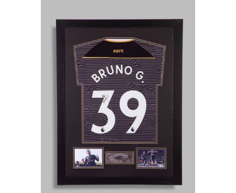 Bruno Guimaraes grey and black Newcastle United No.39 short sleeved away shirt, Castore, crew neck collar, back lettered BRUN