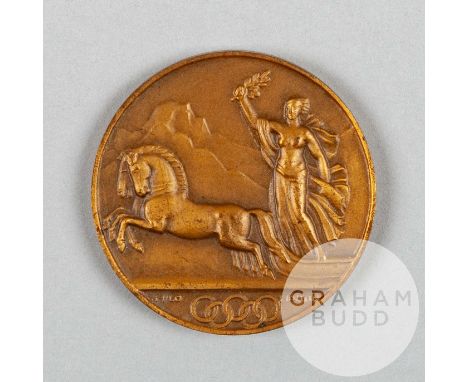 St. Morita 1928 Winter Olympic Games participant's medal by Milo Martin, bronze, the obverse depicting&nbsp; goddess Victory 