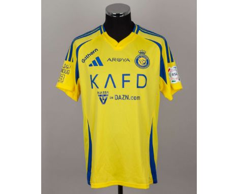 Ronaldo yellow and blue No.7 Al Nassr match issued short-sleeved shirt, 2024, Adidas, L, with v-neck collar and printed badge
