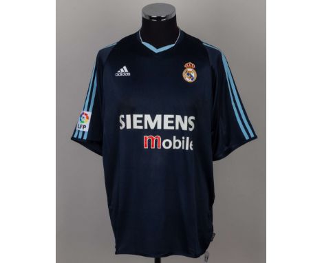 David Beckham blue No.23 Real Madrid short-sleeved shirt, Adidas, XL, with v-neck collar and embroidered badge inscribed FCM,