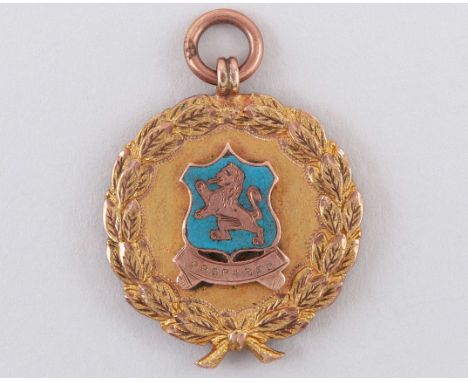 9ct gold and enamel football medal 1908-09, the obverse inscribed PREPARED, the reverse inscribed BIRMINGHAM DISTRICT & COUNT