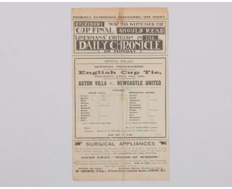 An extremely rare Aston Villa v. Newcastle United F.A.Cup Final match programme, 15th April 1905, held at The Crystal Palace,