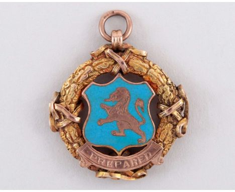 9ct gold and enamel football medal 1908-09, the obverse inscribed PREPARED, the reverse inscribed STAFFORDSHIRE FOOTBALL ASSO