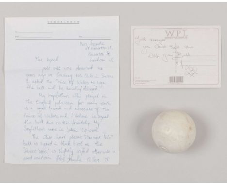 A polo ball signed by HM King Charles III (when Prince of Wales), signed ‘Charles’ in ink; sold together with a postcard feat