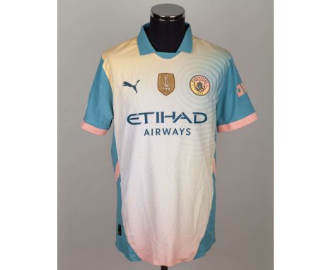 Erling Haaland beige and blue No.9 Manchester City v. Inter Milan match issued short sleeved shirt, 2024, Puma, XL, with crew