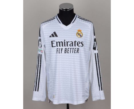Mbappe white and black No.9 Real Madrid match issued short-sleeved shirt, 2024-25, Nike, L, with v-neck collar and printed ba