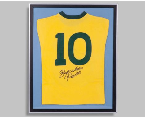 Pele signed yellow Brazil retro jersey, signed in black marker, mounted, framed & glazed, 75 by 60cm., sold with a COA issued