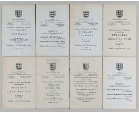 Jack Jennings eight England International amateur itineraries booklets 1950s comprising 14th and 18th May 1952 matches played