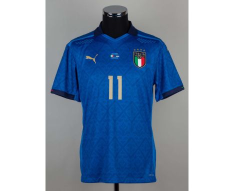 Vicenzo Grifo blue No.11 Italy short sleeved shirt v Estonia, 11th November 2020, player issue, Puma, size L, crew neck colla