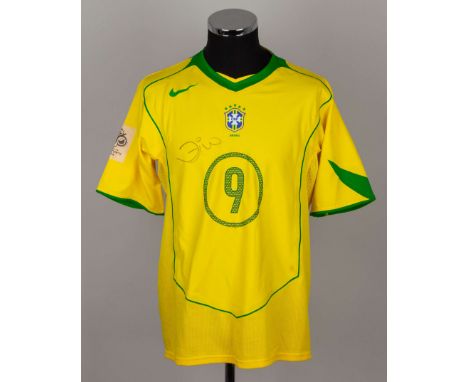 Ronaldo yellow and green No.9 Brazil match issued short-sleeved shirt, 2006, Nike, L, with v-neck collar and printed badge, t