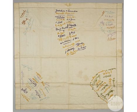 Rare 1905 cricket related embroidered autographed table cloth, the autographs embroidered by J.J Bentley's wife, including fo