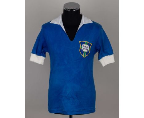 Pele blue and white No.10 Brazil autographed short-sleeved shirt, Superball, with v-neck collar and embroidered cloth badge i