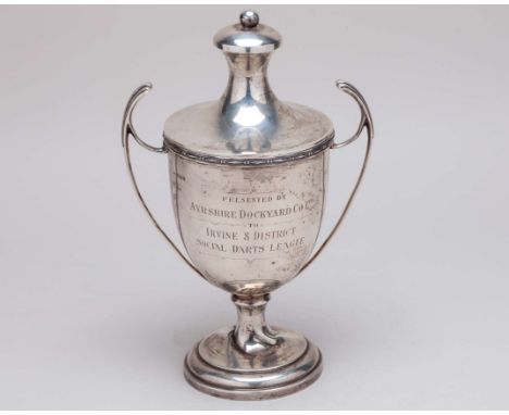 Silver Irvine & District Social Darts league Trophy, 1926, the twin-handled trophy inscribed PRESENTED BY AYRSHIRE DOCKYARD C