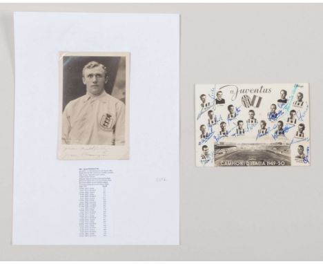 A Juventus 1949-50 autographed postcard, with note on postcard from Jesse Carver Juventus manager and a signed studio portrai