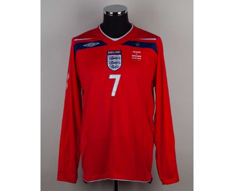 David Beckham red No.7 England long sleeved 100th International Cap shirt v France, 26th March 2008, Umbro size L, player iss