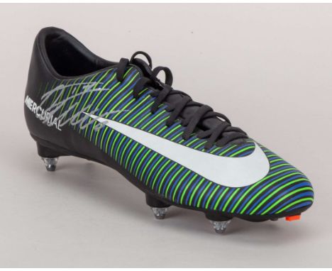 Cristiano Ronaldo signed football boot, black, blue & green Nike Mecurial right boot, signed in silver marker, sold with a CO