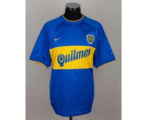 Hugo Ibarra blue and yellow No.4 Boca Juniors v. Real Madrid Inter Continental Cup match issued short-sleeved shirt, 2000, Ni