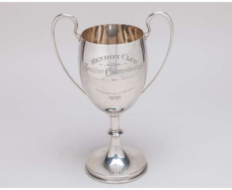 Silver Hendon Club Snooker Championship Trophy, 1926, the twin-handled trophy inscribed HENDON CLUB Snooker Championship Subs