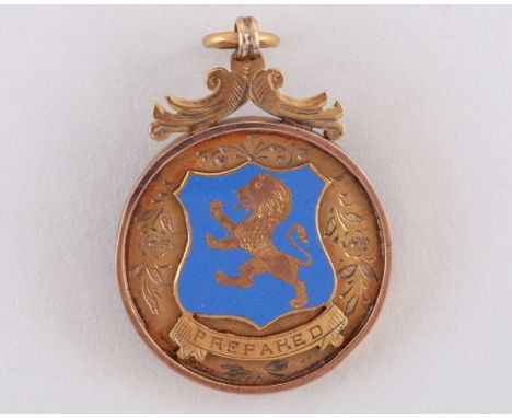 9ct gold and enamel Birmingham & District medal, 1904-05, the obverse inscribed PREPARED, the reverse inscribed B & D F.L., C