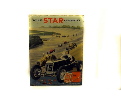 Brooklands Raymond Mays ERA R4C/D c1937: An original pre-war advertising showcard by Wills Star Cigarettes, depicting backgro