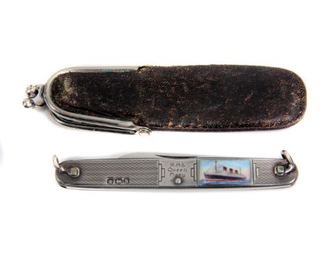 RMS Queen Mary Maiden Voyage c1936: A fine HM Silver Souvenir Penknife having inset enamel panel with illustration of the 3-f