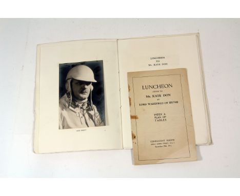 “Luncheon to Mr. Kaye Don” World Water Speed Record c1931: A rare original signed commemorative menu in honour of his achieve