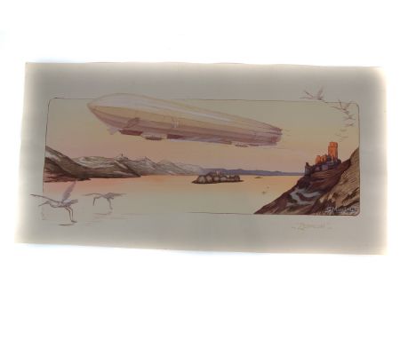Ernest Montaut (1879-1909) “Zeppelin” c1908: An early 20th century advertorial pochoir print depicting a German Schutte-Lanz 
