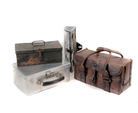 A Vintage motorist’s leather tool box c1930s: containing sundry period tools and spanners etc, together with another aluminiu