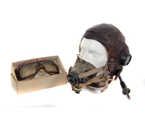 WWII RAF Flying Helmet Ensemble c1940s: comprising C-Type pattern chamois lined leather helmet complete with head-phones wiri