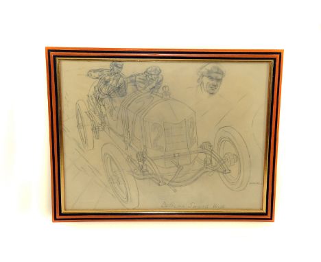Peter Helck “Ralph de Palma Swung Wide”: An original drawing for book illustration c1950s, working-up sketch, pencil on draft