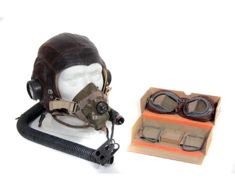 WWII RAF Flying Helmet Ensemble c1940s: comprising C-Type pattern chamois lined leather helmet complete with head-phones, wir