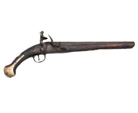 A 20 BORE OTTOMAN FLINTLOCK HOLSTER PISTOL (KUBUR), TURKEY, EARLY 19TH CENTURY with tapering barrel chiselled over its surfac