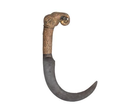 AN INDIAN DAGGER (BANK), 19TH CENTURY with hooked single-edged bade of watered steel, copper alloy hilt formed of a tapering 