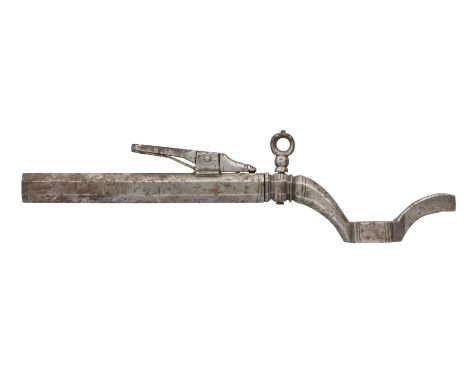 ‡ A GERMAN COMBINED WHEEL-LOCK SPANNER, TURNSCREW AND POWDER-MEASURE, 17TH CENTURY with triangular head formed with three spa