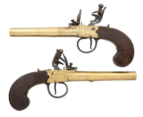 ‡ A PAIR OF 28 BORE BRASS BARRELLED FLINTLOCK PISTOLS SIGNED ELIAS JOSEPH, LIVERPOOL, CIRCA 1800 with turn-off barrels, box-l