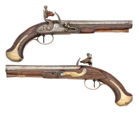 A PAIR OF 20-BORE FLINTLOCK LIVERY PISTOLS BY JOHN TWIGG, LONDON, LONDON PROOF MARKS, CIRCA 1760 with slightly swamped barrel